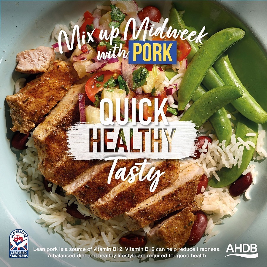 AHDB's Mix Up Midweek with pork image  quick healthy tasty including the Red Tractor logo